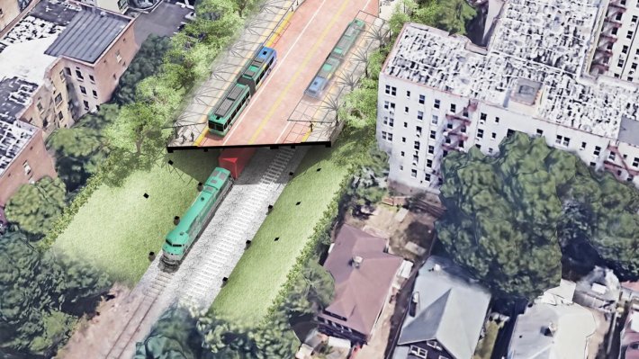 A future where the Interborough Express is a bus rapid transit service with pieces that run above a section of freight train tracks. Graphic: MTA