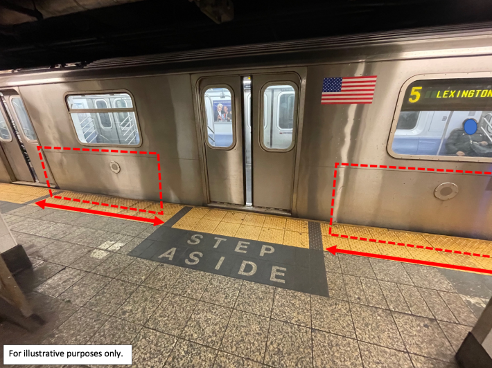 The Lexington Avenue line at Grand Central Terminal already has markings that could indicate where subway railings might go. Photo illustration: Charles Gans