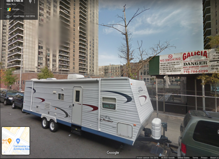 The RV was parked on West 178th Street in October 2016, per a satellite image. Photo: Google