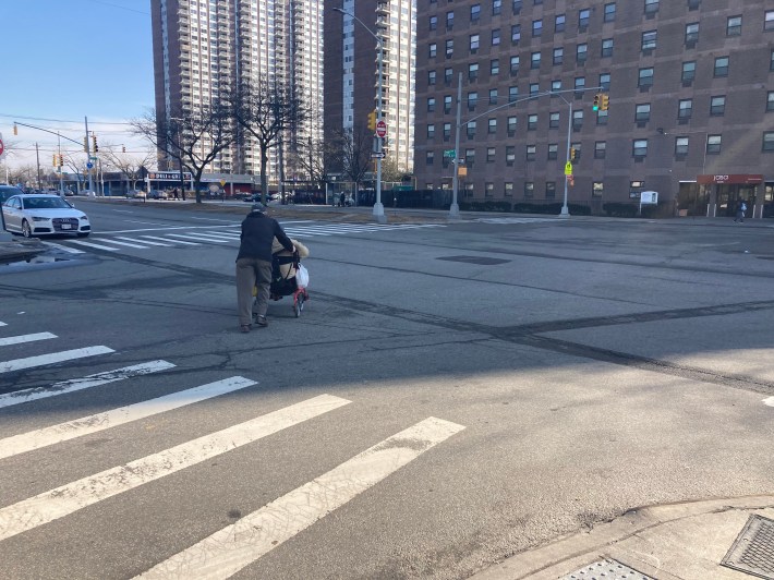 An oldster trying to cross the six lanes of Seagirt Boulevard back in February. Photo: Julianne Cuba