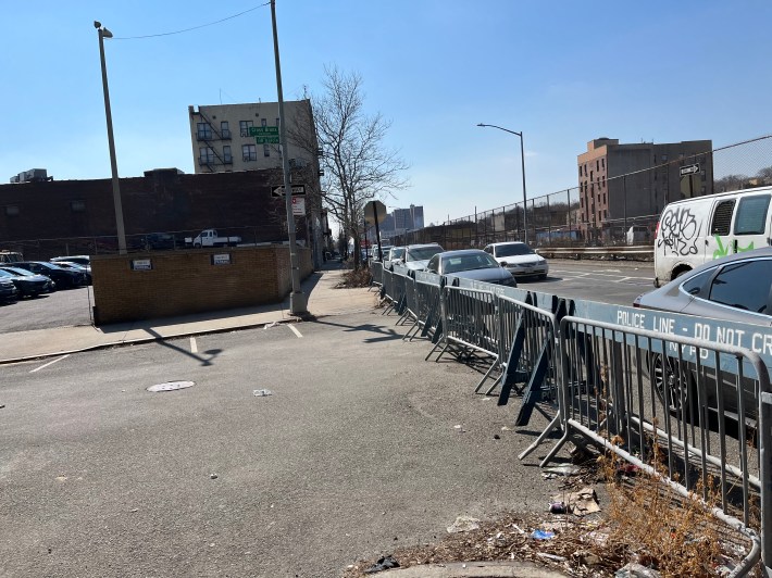 The cops of the 48th have erected barricades to block off the Cross Bronx Expressway service road to other vehicles. It's a truck route to the highway. Photo: Eve Kessler