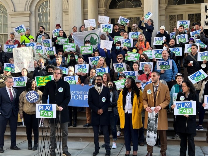 Before the hearing, local pols and advocates (including Adam Ganser of New Yorkers for Parks at the podium) rallied for more parks funding.