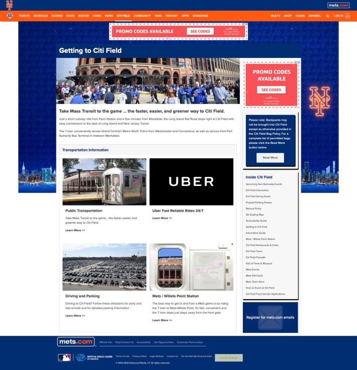 The Mets website "transportation" page — before Sandy Alderson tinkers with it.