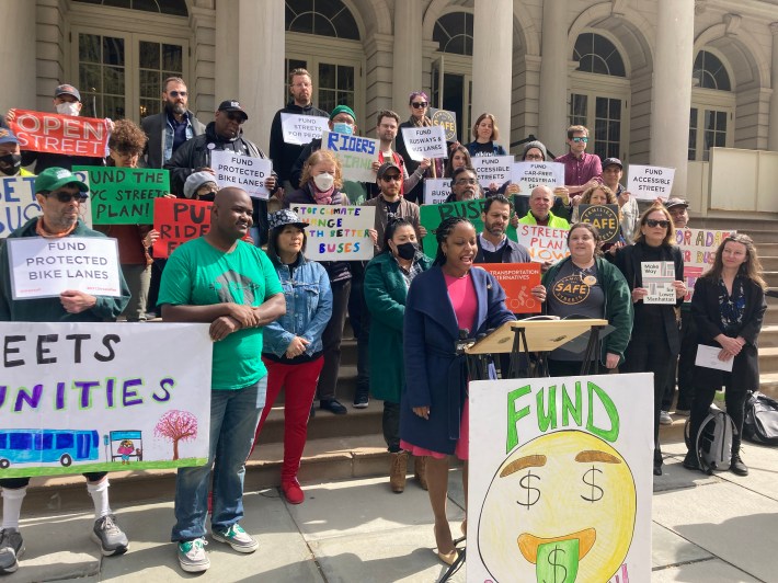 Queens Council Member and Transportation Committee Chair Selvena Brooks-Powers speaks during the rally to demand $3.1 billion funding for the Street Master Plan back in April. Photo: Julianne Cuba