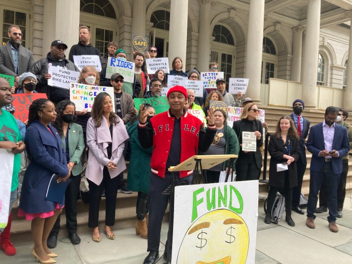 Brooklyn Council Member Chi Osse during a rally to fund the Street Master Plan outside City Hall on Thursday. Photo: Julianne Cuba