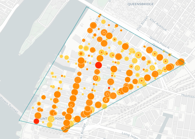 Here are all the reported crashes in a tiny wedge of Long Island City since 2017. Map: Crashmapper