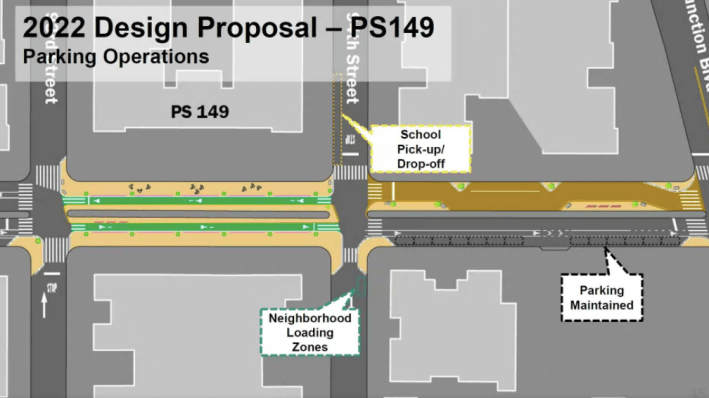 In front of PS 149 on the eastern end of the open street, kids will get car-free space. Graphic: DOT