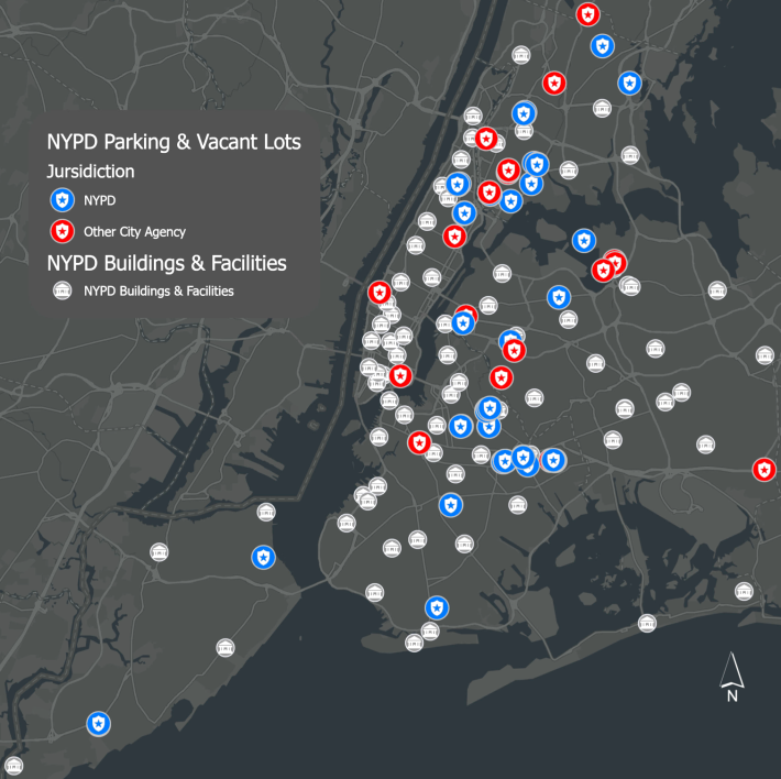 A map shows NYPD and other agency underused parking lots around the city. Image: ENYCLT