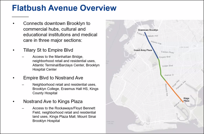 The three segments of Flatbush Avenue the DOT is working with for the road's potential bus improvements. Graphic: DOT