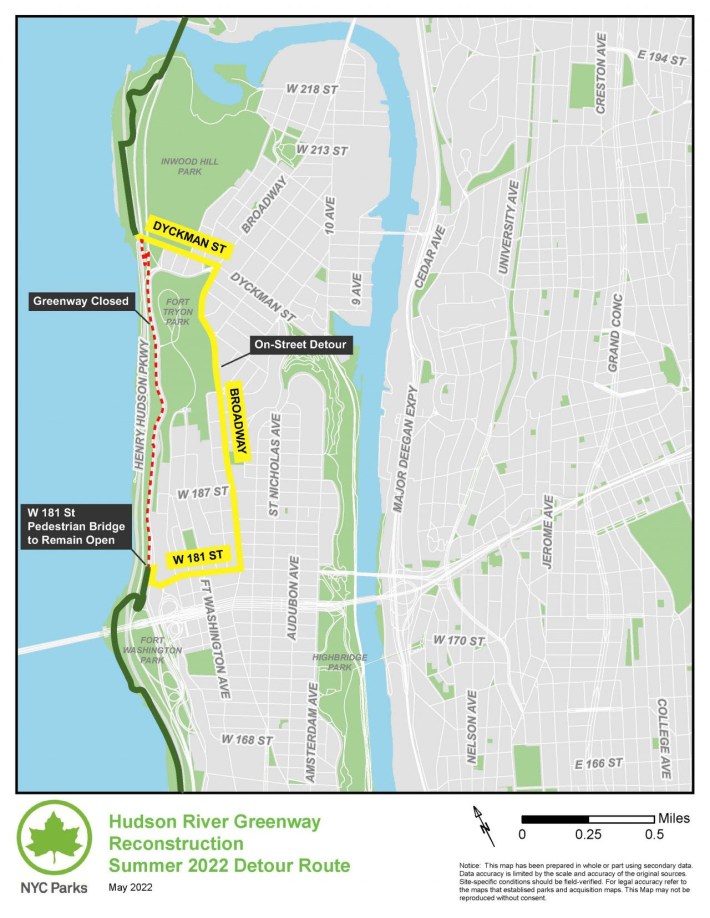 The city's map of the Hudson Greenway detour.