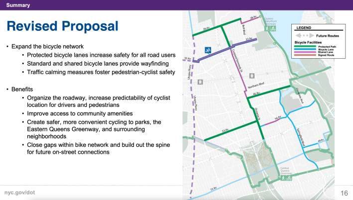 A slide from the DOT's proposal shows an overview of the proposed bike network in CB11. Image: DOT