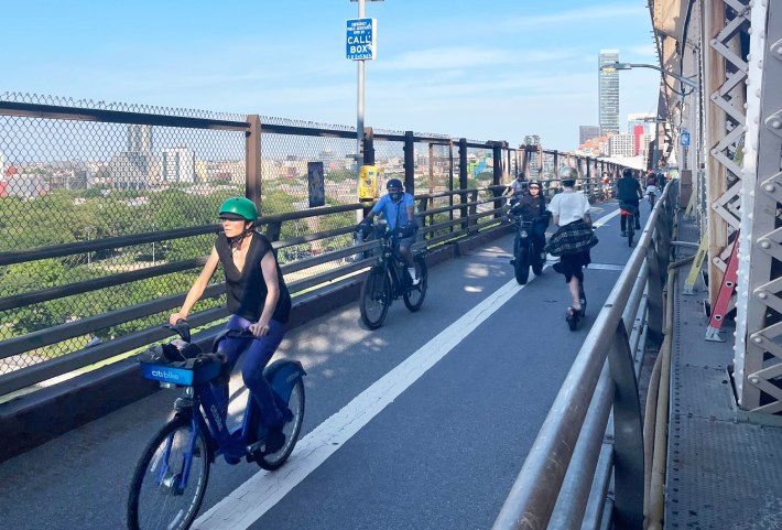 No one would honestly believe that there is a pedestrian path on this bridge, but, indeed, the lane to the left in this photo is meant for east- and west-bound walkers. Photo: Noah Martz