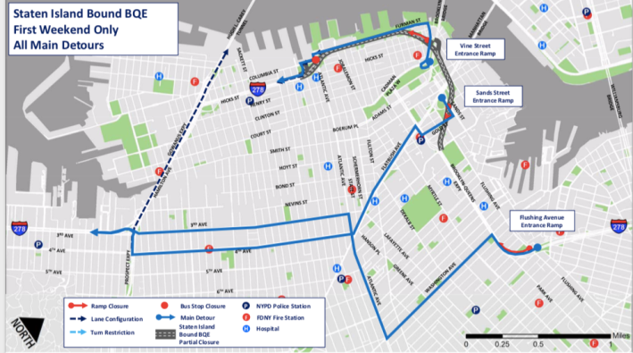 Detours and ramp closures during the first full weekend closure. Source: NYC DOT