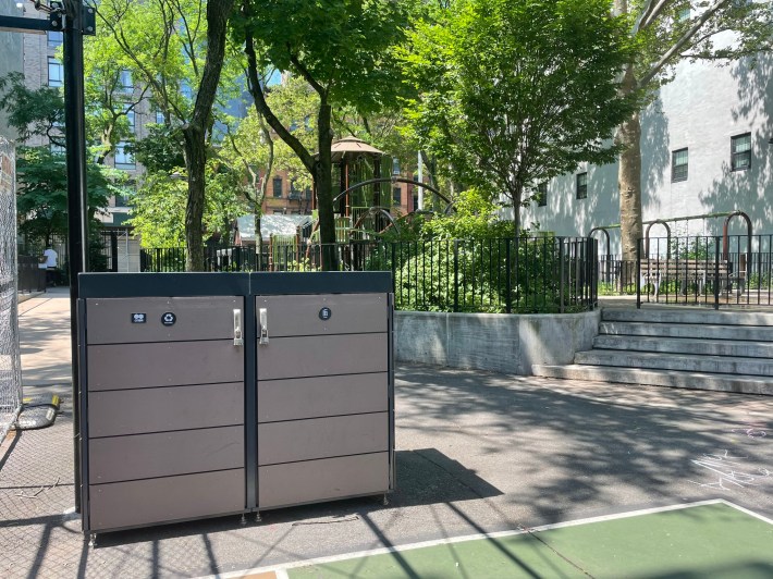 A demonstration bin for the city's Clean Curbs residential pilot in the Mathews-Palmer Playground on West 45th Street. Photo: Noah Martz