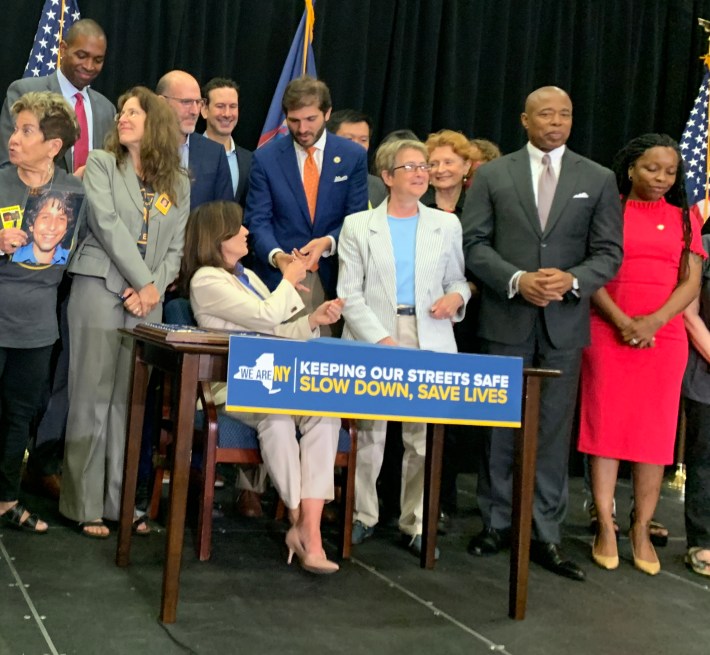 Sen. Andrew Gounardes got his pen from Hochul. Photo: Gersh Kuntzman