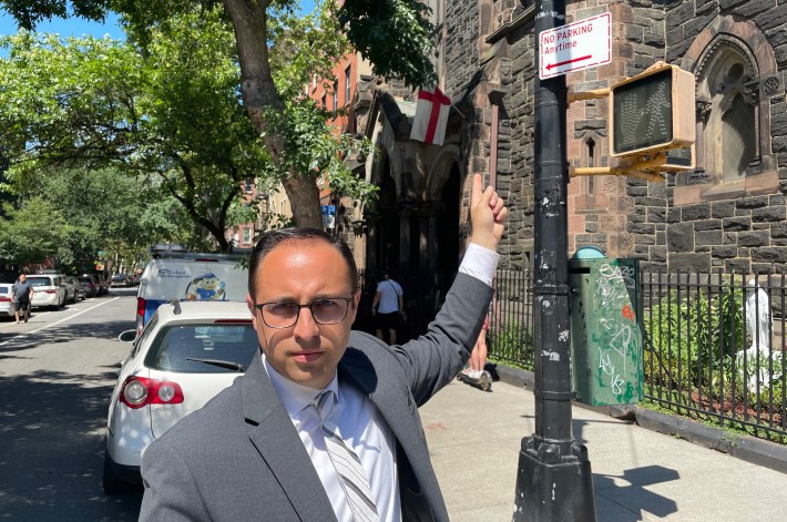 Funeral home director John Heyer shows off one of the problems in Carroll Gardens. Photo: Noah Martz
