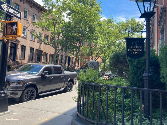 The pick-up truck parked illegally on Clinton Street on Tuesday. Photo: Julianne Cuba