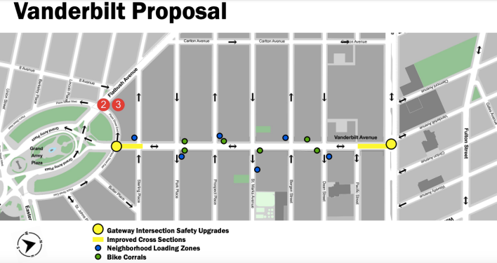 DOT's plans to install more traffic-calming measures along Vanderbilt Avenue. Source: NYC DOT