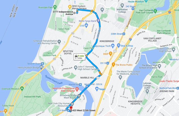 Route from the nearest garbage truck depot to the corner with the carcass. Map: Google