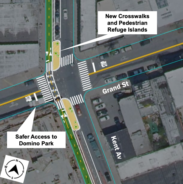 Here are the Improvements that DOT intends to make at Grand Street and Kent Avenue. Graphic: DOT