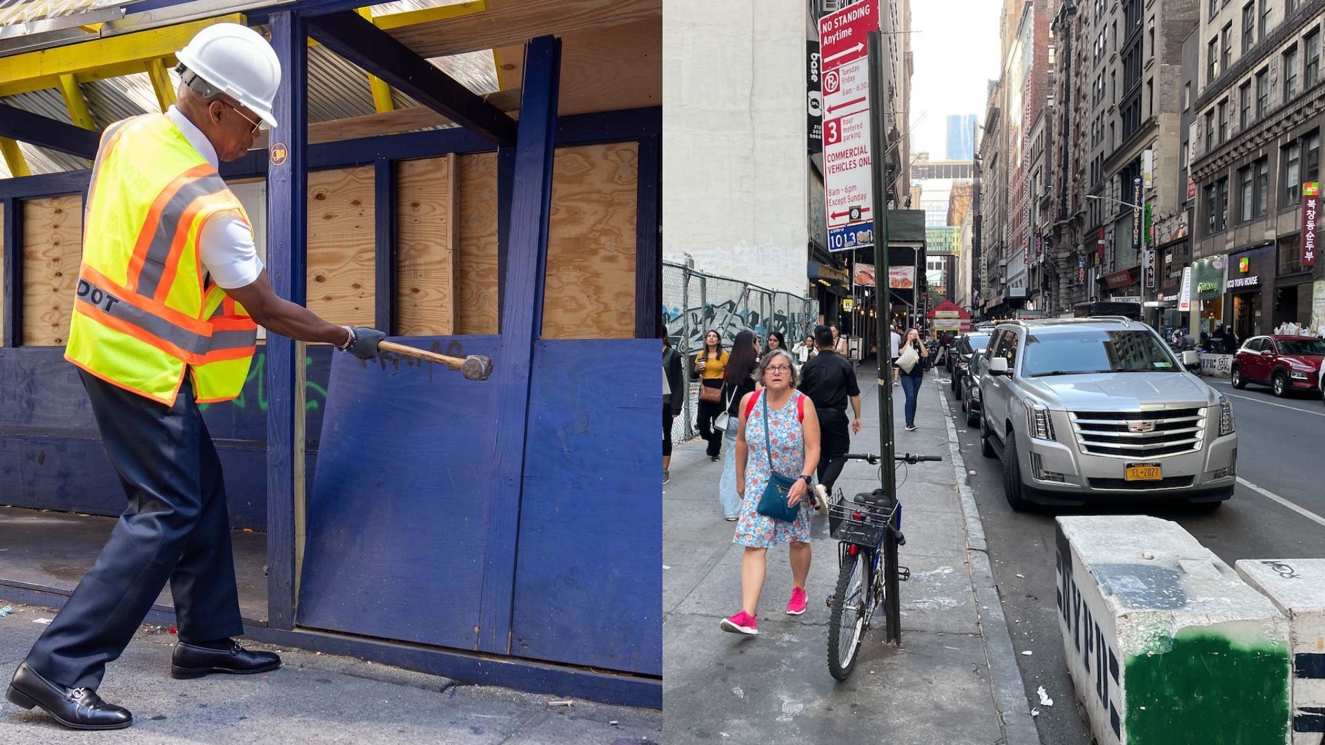 Two images. One on the left shows Mayor Eric Adams swinging a sledgehammer to knock down an outdoor dining structure in Koreatown last week. On the right, that same spot is now street parking, where three cars, including a huge Cadillac Escalade, sit where the outdoor dining once was.