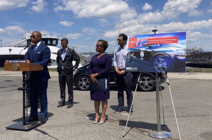 Mayor Adams, joined by the Department of Citywide Administrative Services, the Department of Transportation, and Transportation Alternatives, on Thursday in announcing new technology to prevent speedsters in city vehicles. Photo: Julianne Cuba