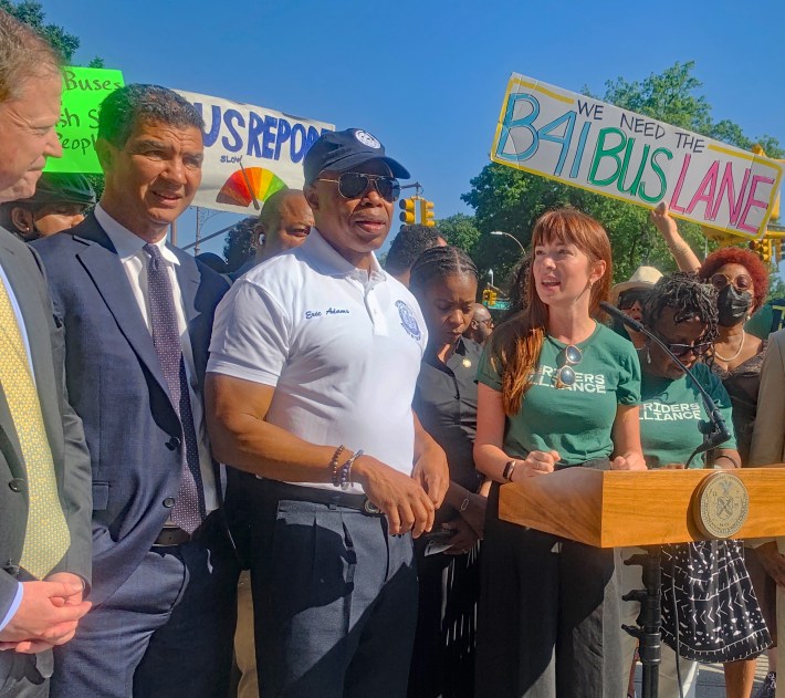 The partnership: (from right) NYCT President Richard Davey, DOT Commissioner Ydanis Rodriguez, Mayor Adams and Riders Alliance Executive Director Betsy Plum. Photo: Gersh Kuntzman