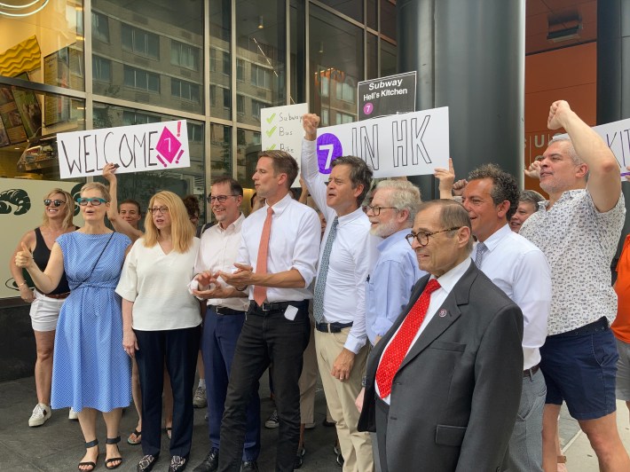 Pols and advocates rallied on Tuesday for a new 7 train station on 10th Avenue in Hell's Kitchen. Photo: Julianne Cuba