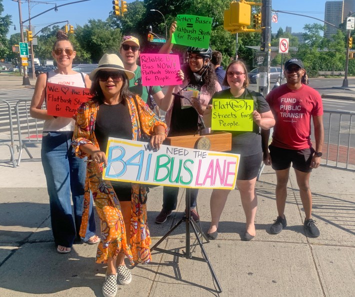 Here's the hardy group that greeted the mayor and the NYCT president. Photo: Gersh Kuntzman