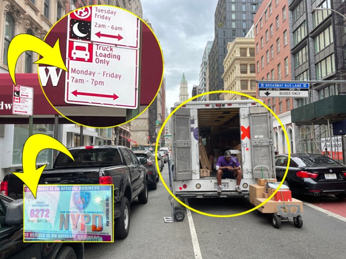 Anatomy of a placard disaster: An NYPD placarded truck blocks a loading zone, forcing a FedEx worker to unload in the street, effectively closing Broadway. Photos: Noah Martz