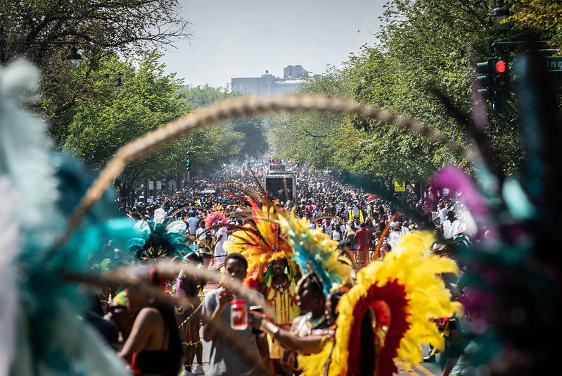 A wide shot of the West Indian Day Parade in 2015.