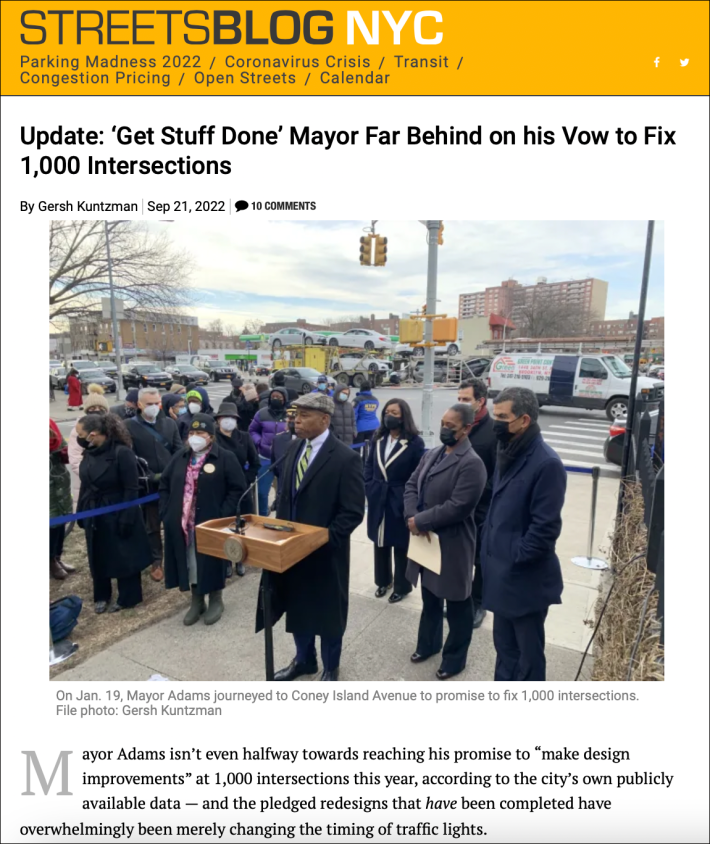 How Streetsblog covered the mayor's 1,000 intersection promise. Click to read.