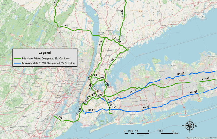 Chargers will be on these routes — and up to a mile away from them. Map: NYSERDA