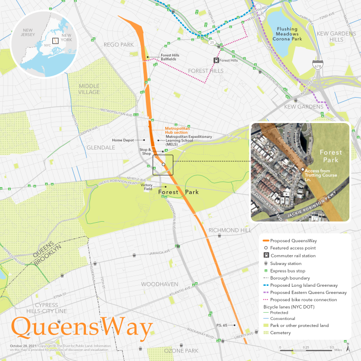 The QueensWay (orange line) would use an abandoned railroad right-of-way.