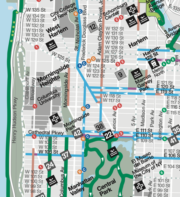 The only bike infrastructure in Central Harlem is one painted lane (blue) and one sharrow route (pink). Map: DOT