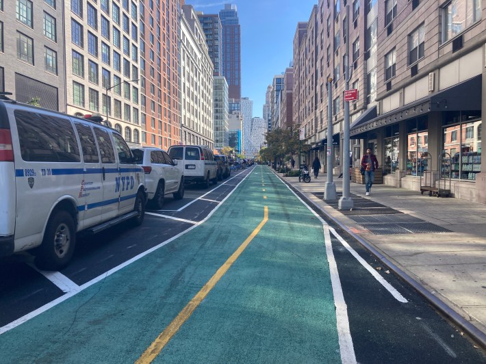 Fresh Kermit! The new, two-way Schermerhorn Street bike lane. Photo: Julianne Cuba