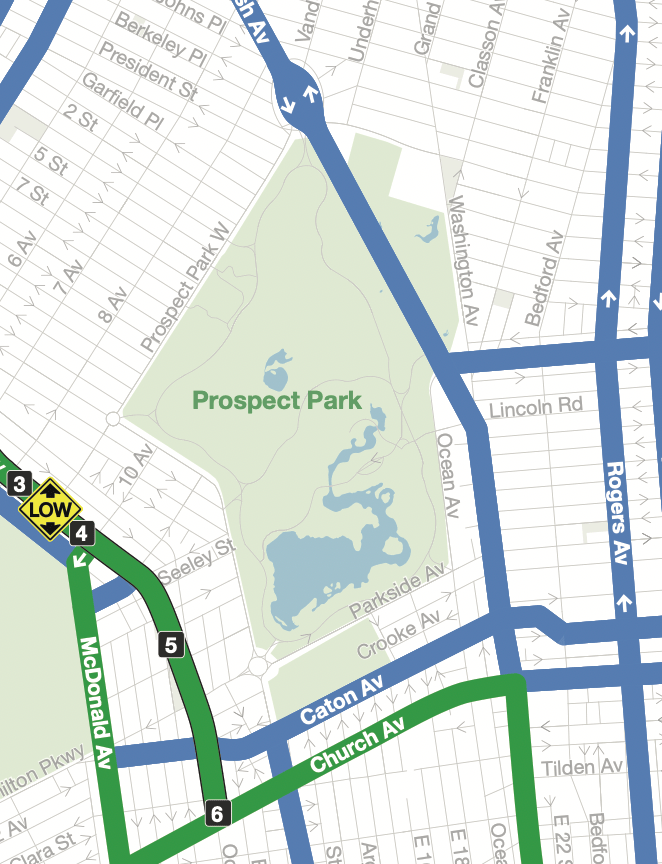 Local truck routes are in green. Through routes are in blue. Parkside is neither. Map: DOT