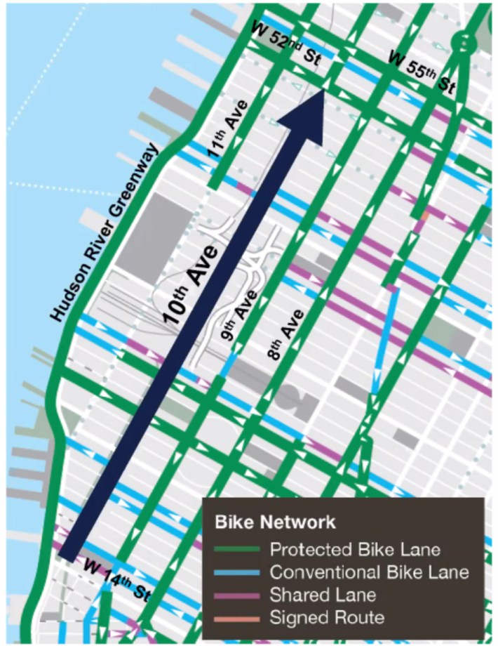 DOT plans a new 10th Avenue bike lane between W. 14th and W. 52nd streets in Manhattan. Graphic: DOT