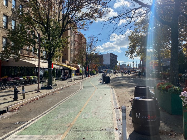 Dyckman Plaza's two-way protected bike lane provides a short relief from traffic chaos. Photo: Kevin Duggan