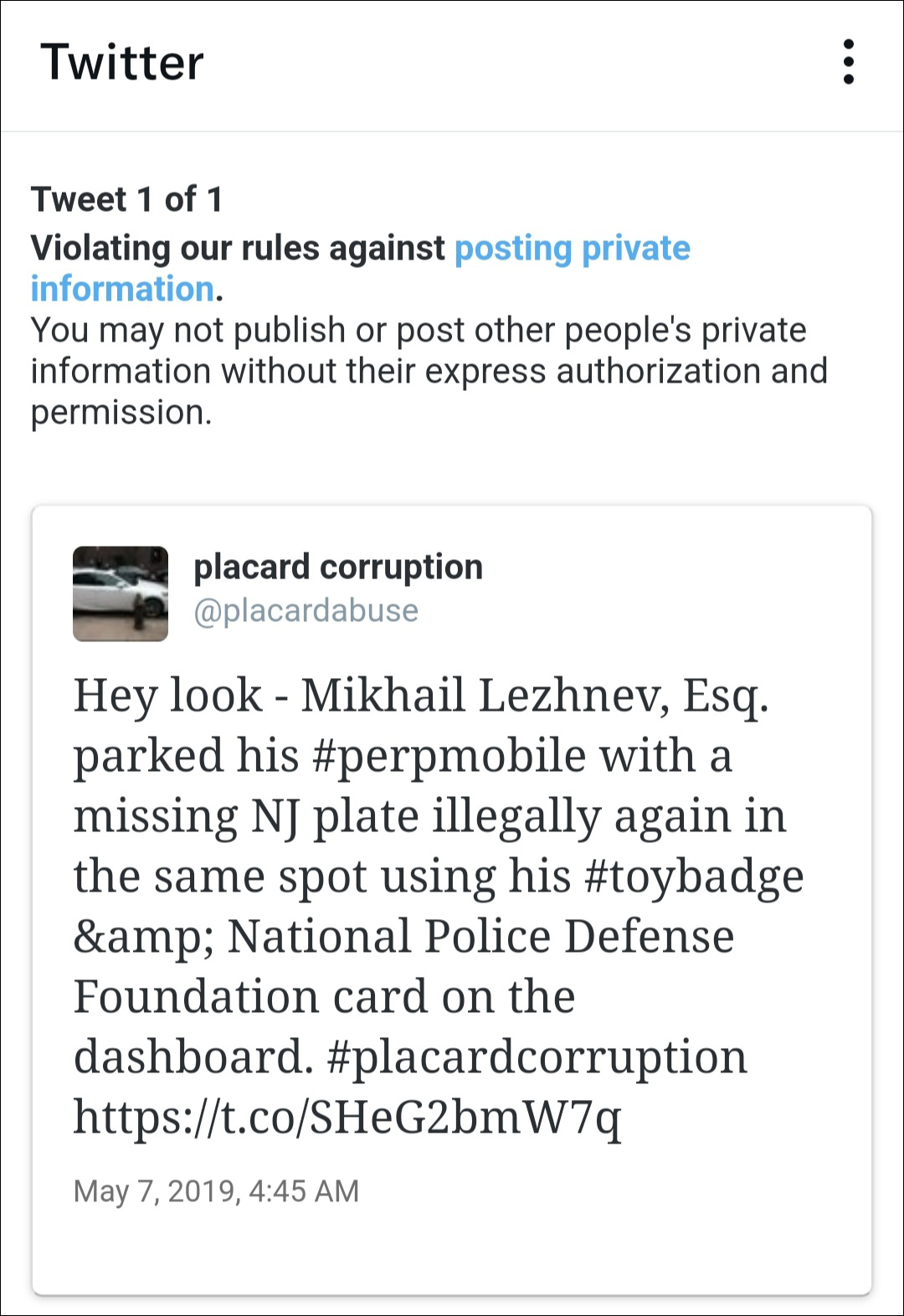 A screenshot of the tweet that Twitter says violated its privacy rules. Screenshot: @placardabuse