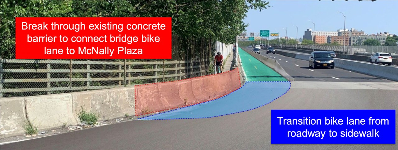 The proposed bike lanes are similar to those on the Brooklyn and Pulaski Bridges. Rendering: DOT