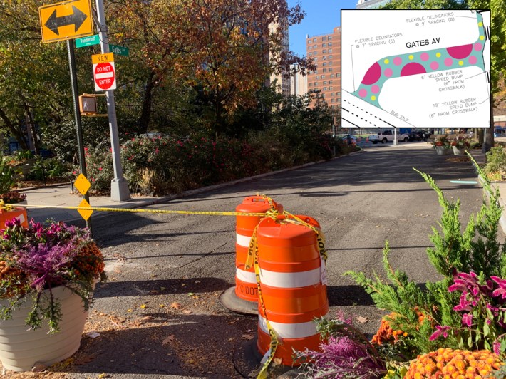 The new plaza is at the western end of Gates Avenue, just west of Vanderbilt Avenue. (Inset) The design calls for colorful treatment. Photo: Streetsblog