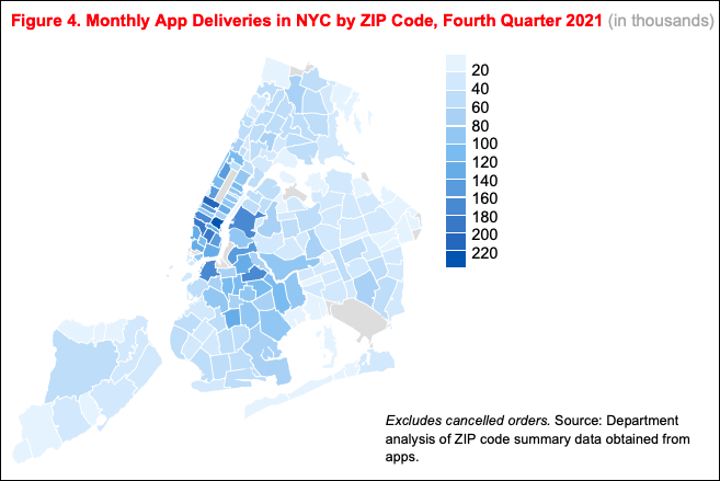 The epicenter of deliveries is in many wealthy parts of Manhattan, Brooklyn and Queens. Map: Department of Consumer and Worker Protection