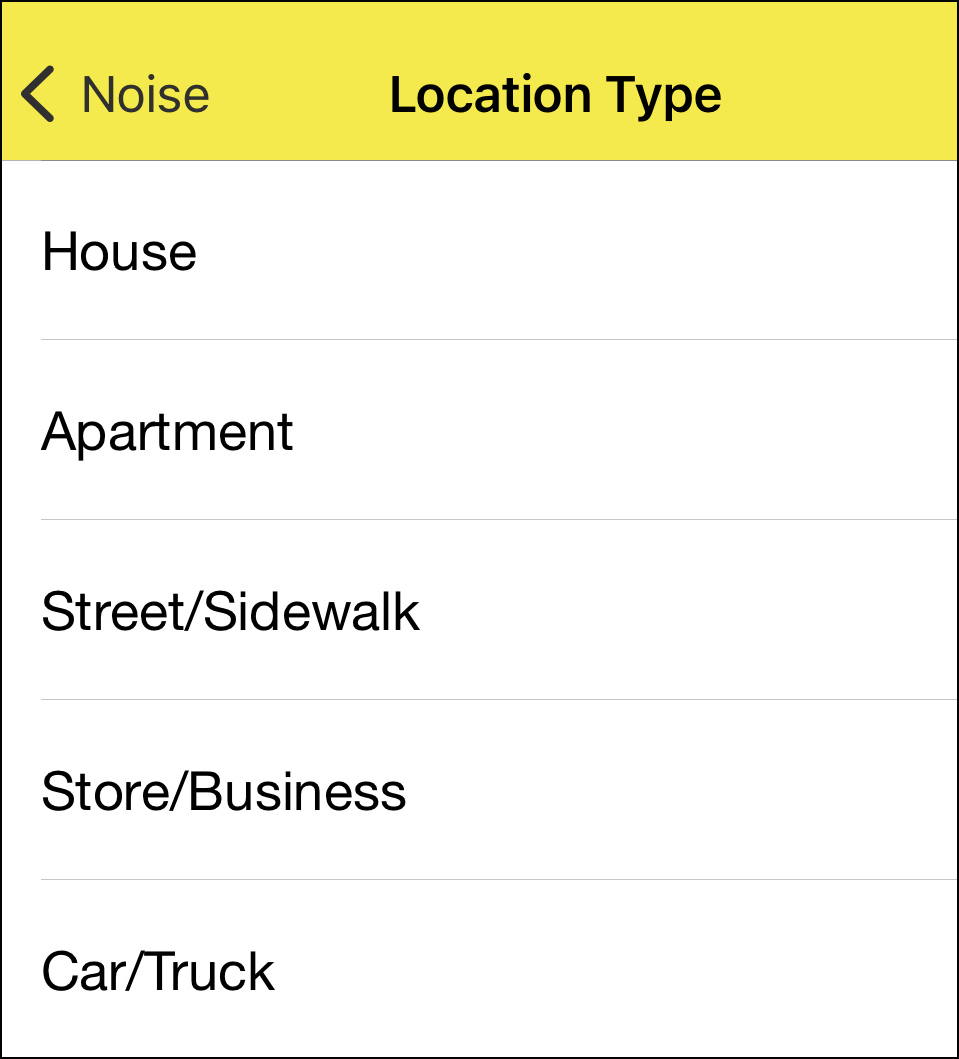 The 311 app offers options to report noise from ground-bound sources like cars, trucks, and houses, but not helicopters.