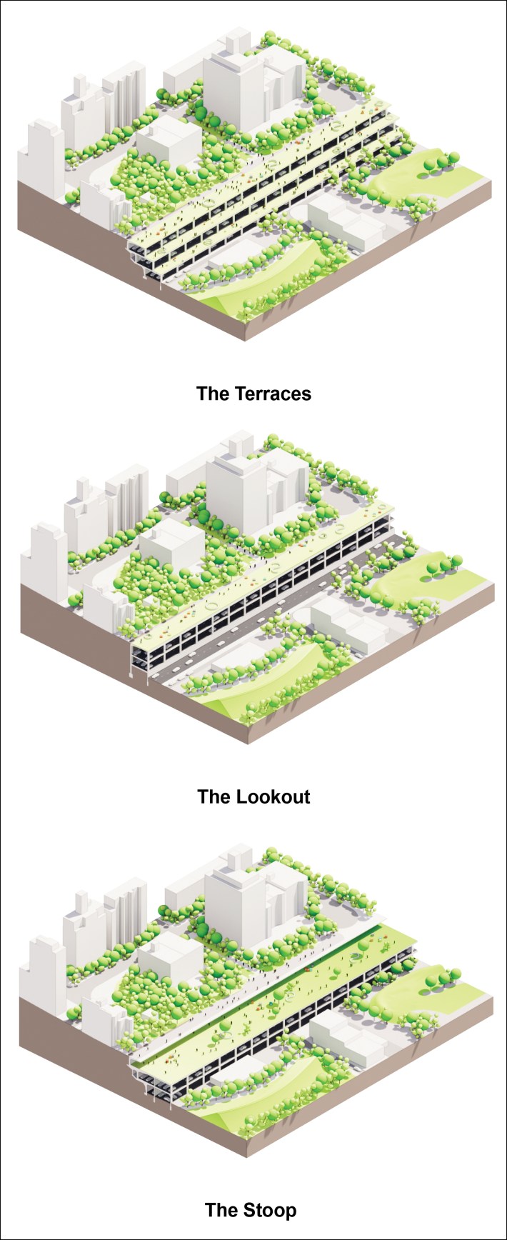 DOT's three design options. Click to enlarge. Graphic: NYC DOT