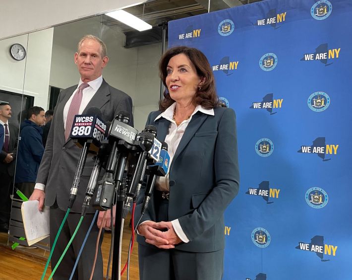 Gov. Kathy Hochul (r) and MTA Chairman and CEO Janno Lieber after announcing the groundbreaking for the Penn Access project in the Bronx. Photo: Dave Colon