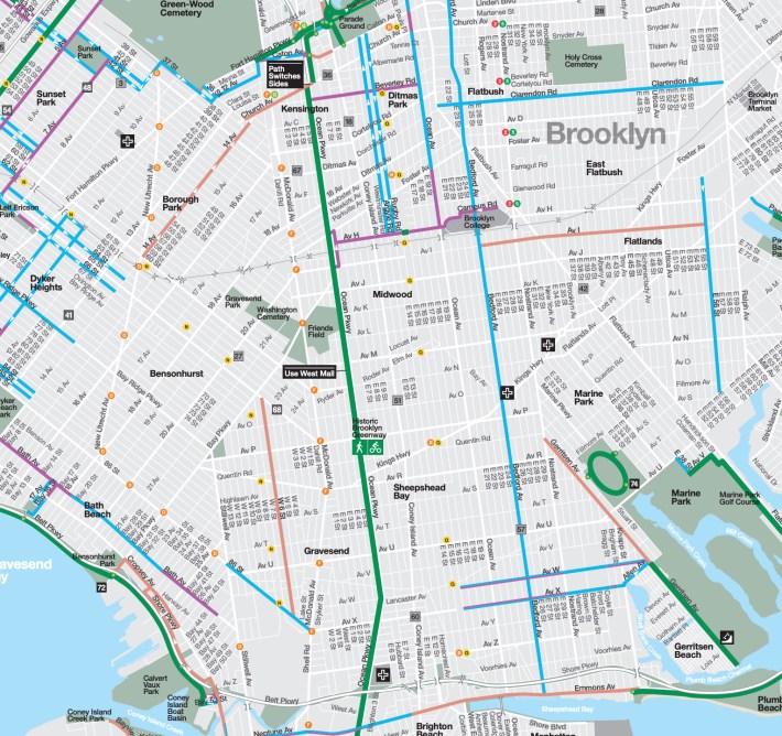 Ocean Parkway's bike lane (in green) stands mostly alone when it comes to safe bike infrastructure through central southern Brooklyn. Map: DOT