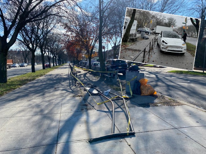 The site of a crash on Ocean Parkway's malls near Avenue S, where a Tesla driver (inset) slammed into the dividing fence a week earlier. Photo: Kevin Duggan