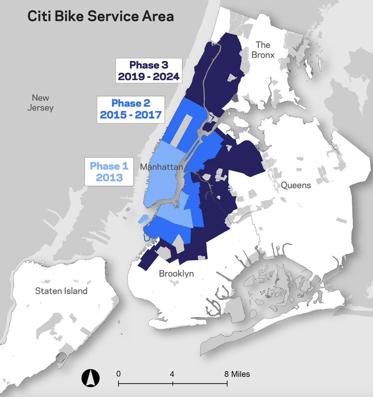 Citi Bike is expanding, but it still only covers a tiny portion of the city. Areas in white do not have the benefit of bike share.