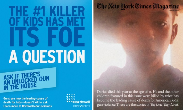The Northwell Health ad alongside the NY Times Sunday magazine cover from Dec. 21. Both called guns the leading cause of death for American kids. It is not.